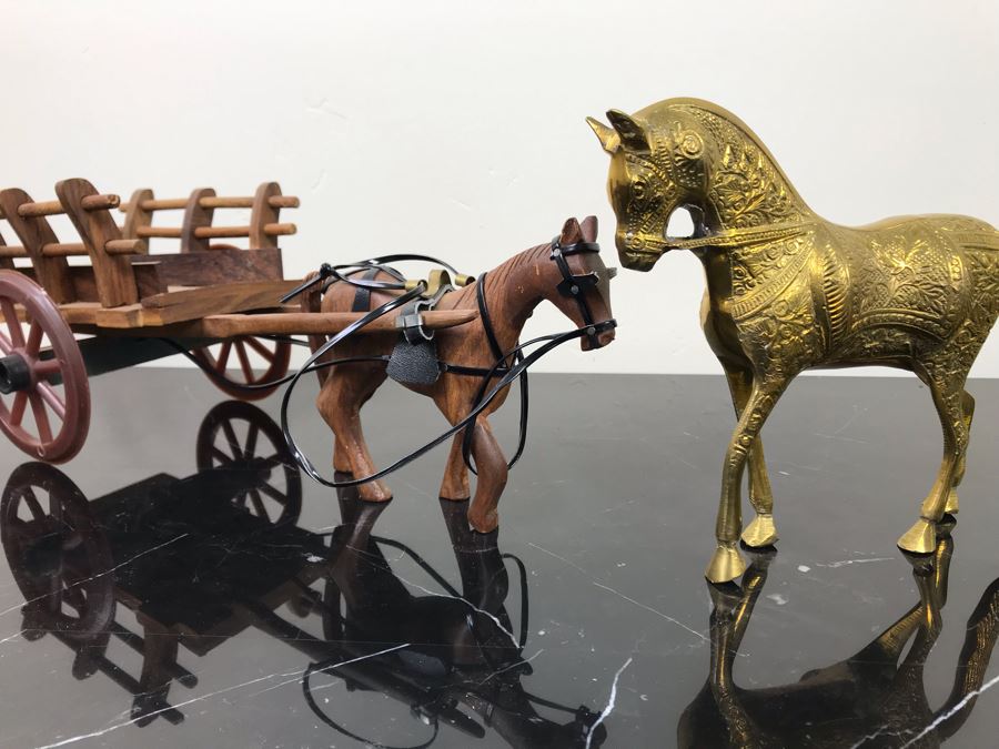 Vintage Brass Horse Sculpture And Carved Wooden Horse Pulling Wooden Cart [Photo 10]