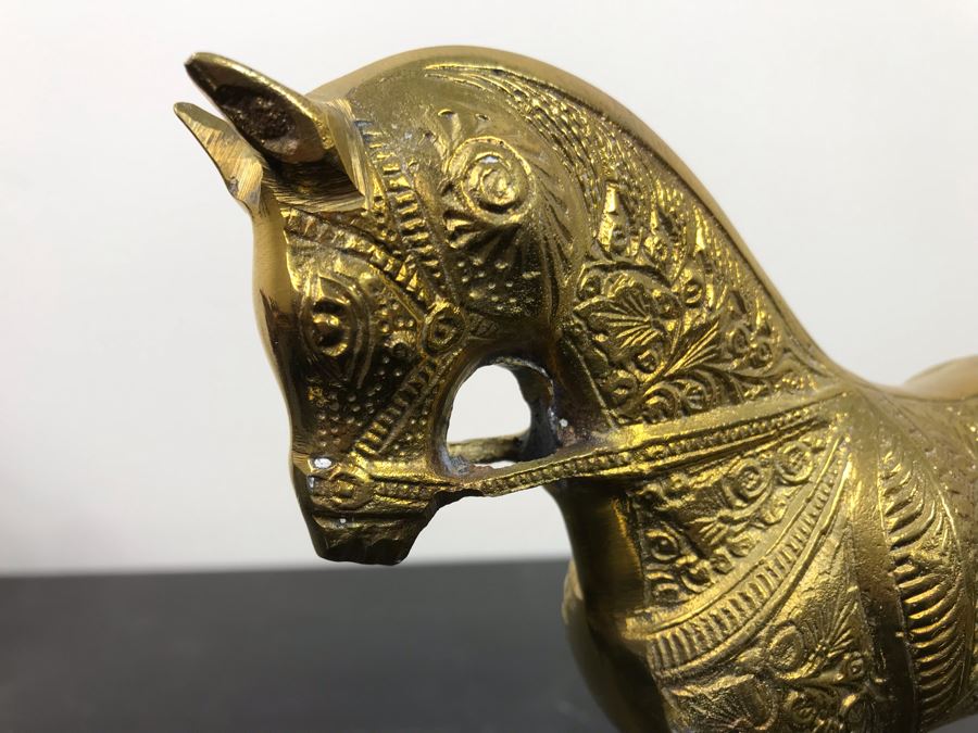 Vintage Brass Horse Sculpture And Carved Wooden Horse Pulling Wooden Cart [Photo 12]