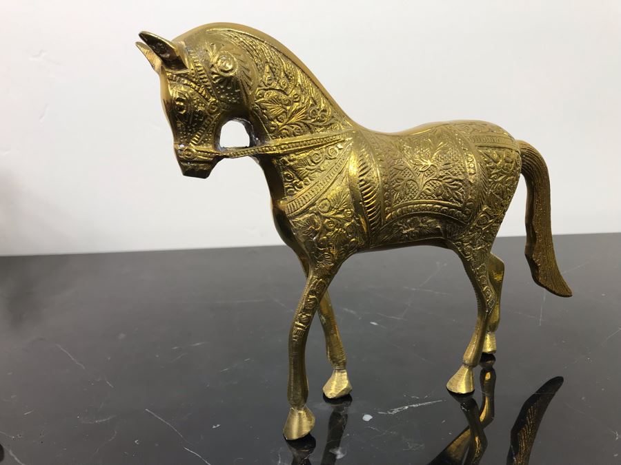 Vintage Brass Horse Sculpture And Carved Wooden Horse Pulling Wooden Cart [Photo 11]