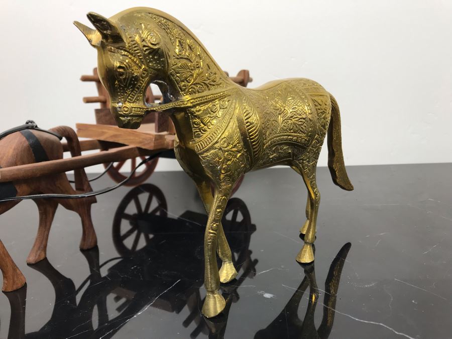 Vintage Brass Horse Sculpture And Carved Wooden Horse Pulling Wooden Cart [Photo 4]