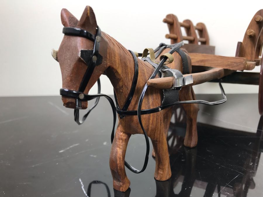 Vintage Brass Horse Sculpture And Carved Wooden Horse Pulling Wooden Cart [Photo 5]
