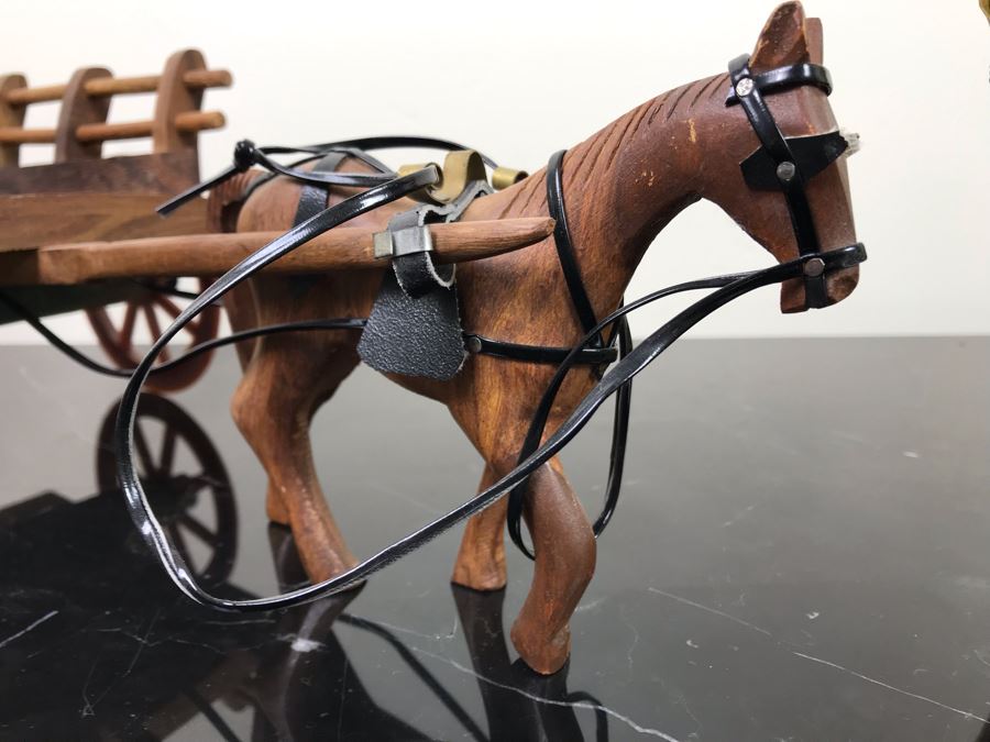 Vintage Brass Horse Sculpture And Carved Wooden Horse Pulling Wooden Cart [Photo 8]