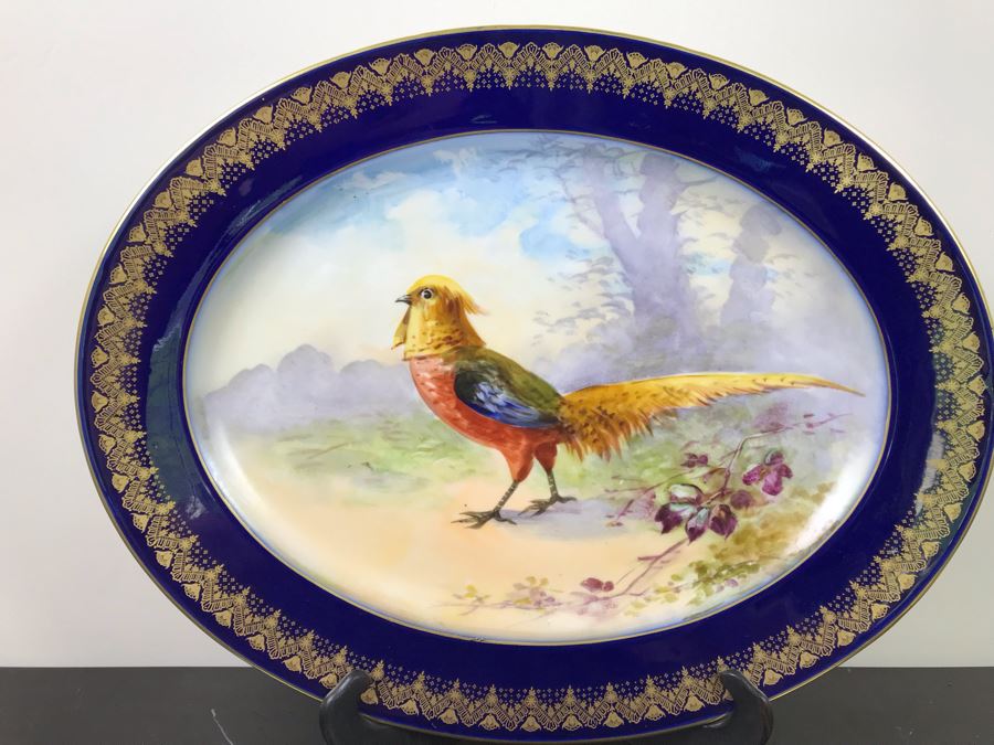 Stunning Hand Painted Limoges France Platter Of Pheasant Signed J. P. L. France With Stand 18'W X 14'H [Photo 3]