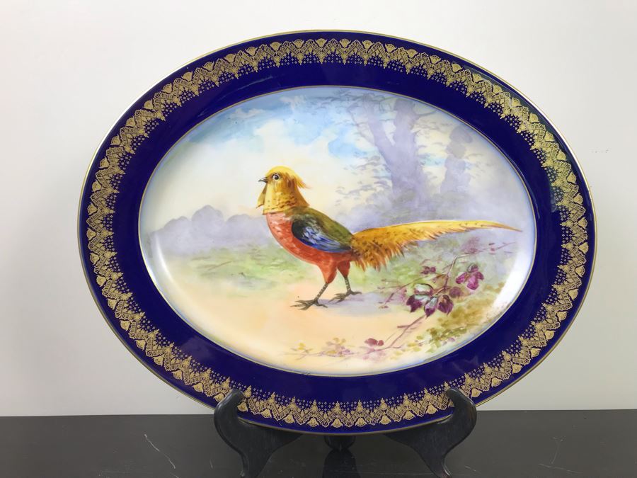Stunning Hand Painted Limoges France Platter Of Pheasant Signed J. P. L. France With Stand 18'W X 14'H [Photo 2]