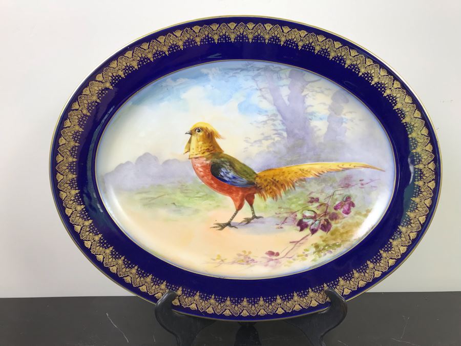 Stunning Hand Painted Limoges France Platter Of Pheasant Signed J. P. L. France With Stand 18'W X 14'H