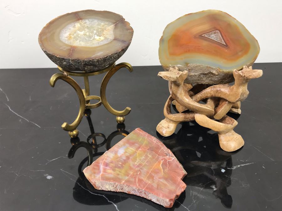 (2) Polished Geodes With Display Stands And Marble Stone Slice