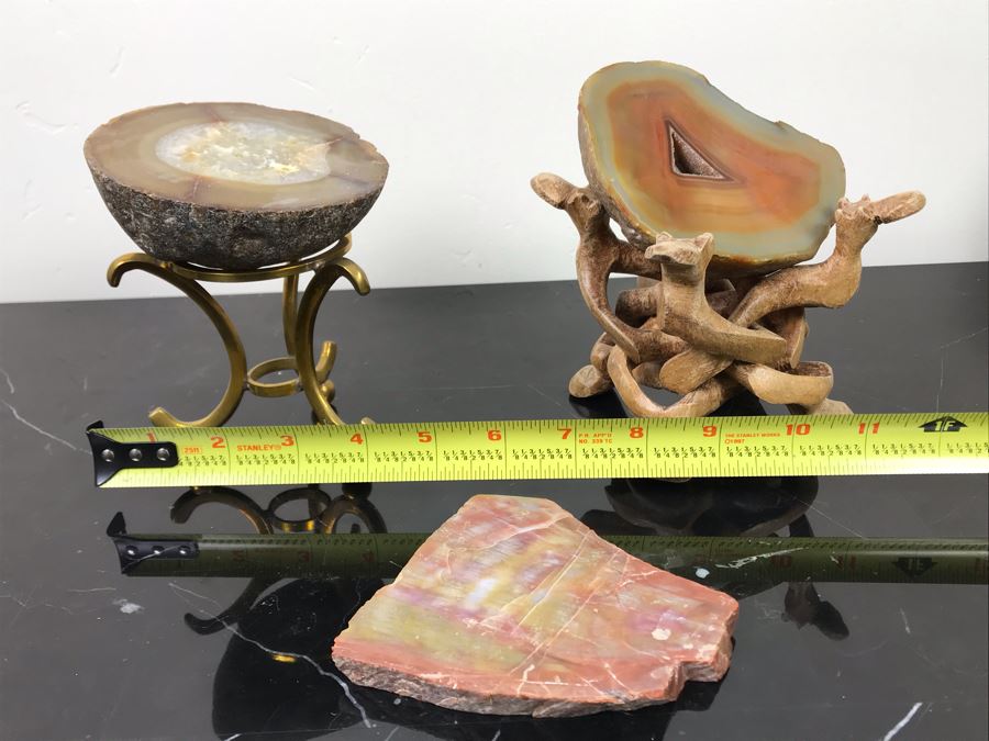 (2) Polished Geodes With Display Stands And Marble Stone Slice [Photo 16]