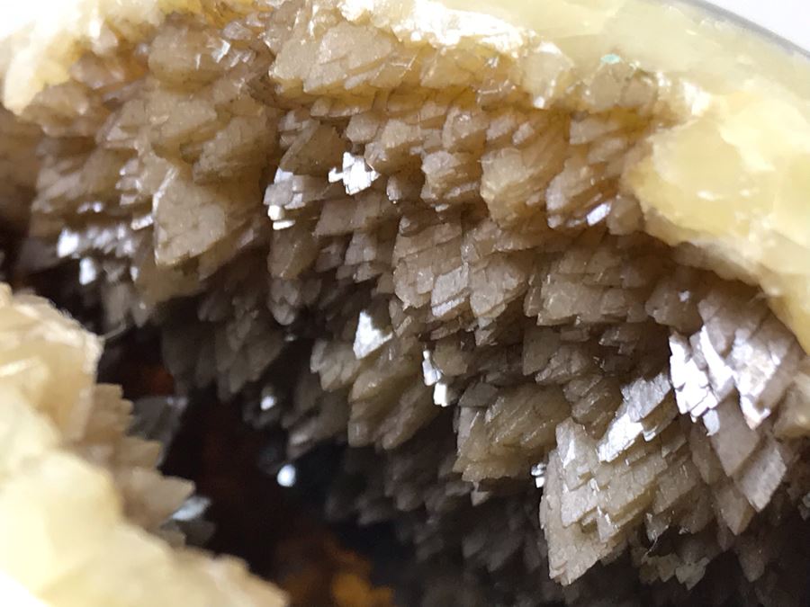 Polished Septarian Nodule Displaying Brown Aragonite Yellow Calcite Crystals Spherical Geode With Brass Display Stone [Photo 18]