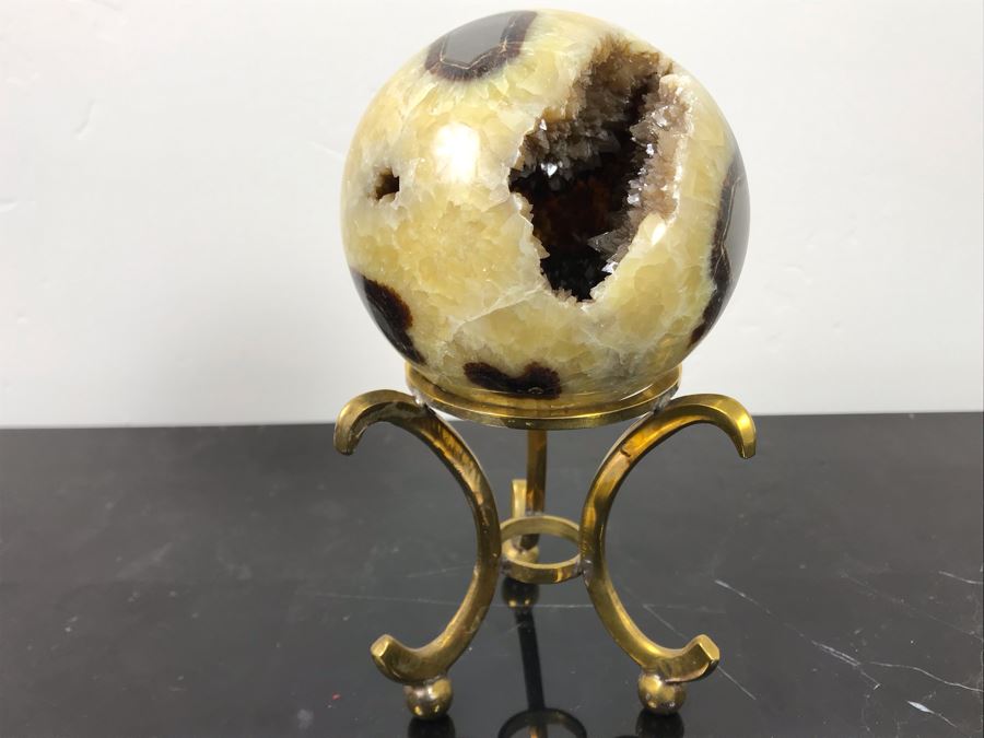 Polished Septarian Nodule Displaying Brown Aragonite Yellow Calcite Crystals Spherical Geode With Brass Display Stone [Photo 1]