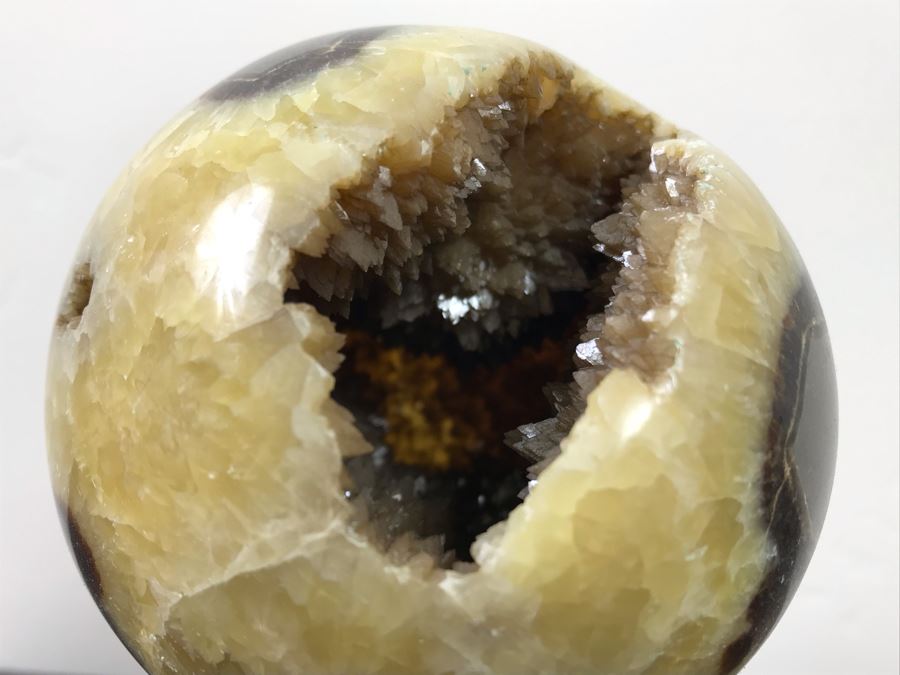 Polished Septarian Nodule Displaying Brown Aragonite Yellow Calcite Crystals Spherical Geode With Brass Display Stone [Photo 6]