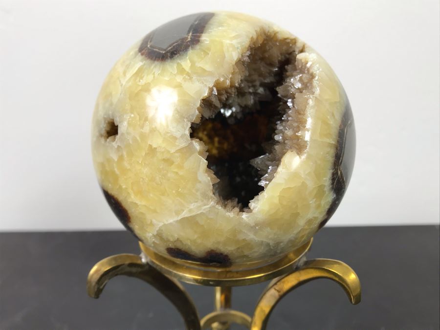 Polished Septarian Nodule Displaying Brown Aragonite Yellow Calcite Crystals Spherical Geode With Brass Display Stone [Photo 4]