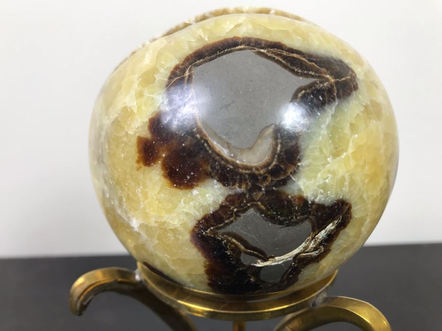 Polished Septarian Nodule Displaying Brown Aragonite Yellow Calcite Crystals Spherical Geode With Brass Display Stone [Photo 12]