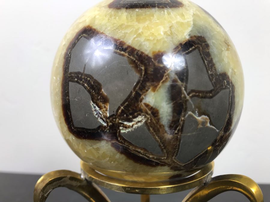 Polished Septarian Nodule Displaying Brown Aragonite Yellow Calcite Crystals Spherical Geode With Brass Display Stone [Photo 16]
