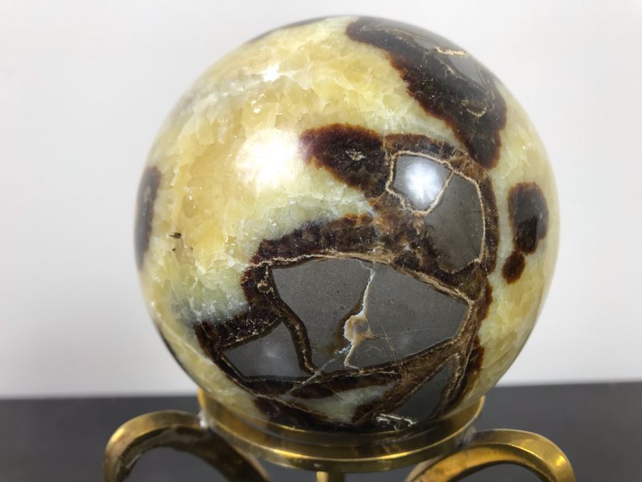 Polished Septarian Nodule Displaying Brown Aragonite Yellow Calcite Crystals Spherical Geode With Brass Display Stone [Photo 13]