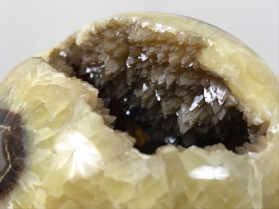 Polished Septarian Nodule Displaying Brown Aragonite Yellow Calcite Crystals Spherical Geode With Brass Display Stone [Photo 17]