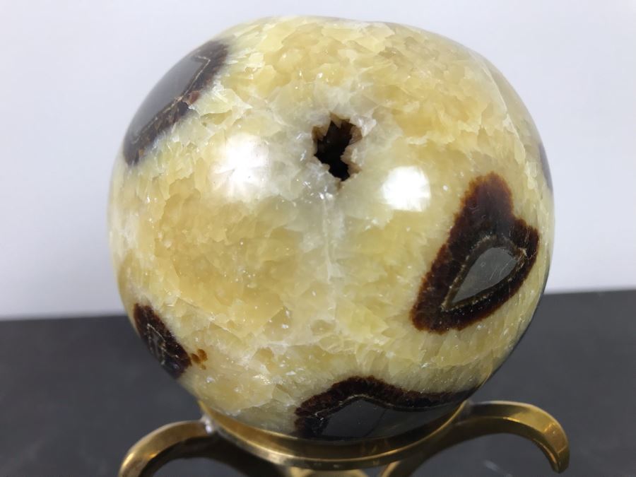 Polished Septarian Nodule Displaying Brown Aragonite Yellow Calcite Crystals Spherical Geode With Brass Display Stone [Photo 15]