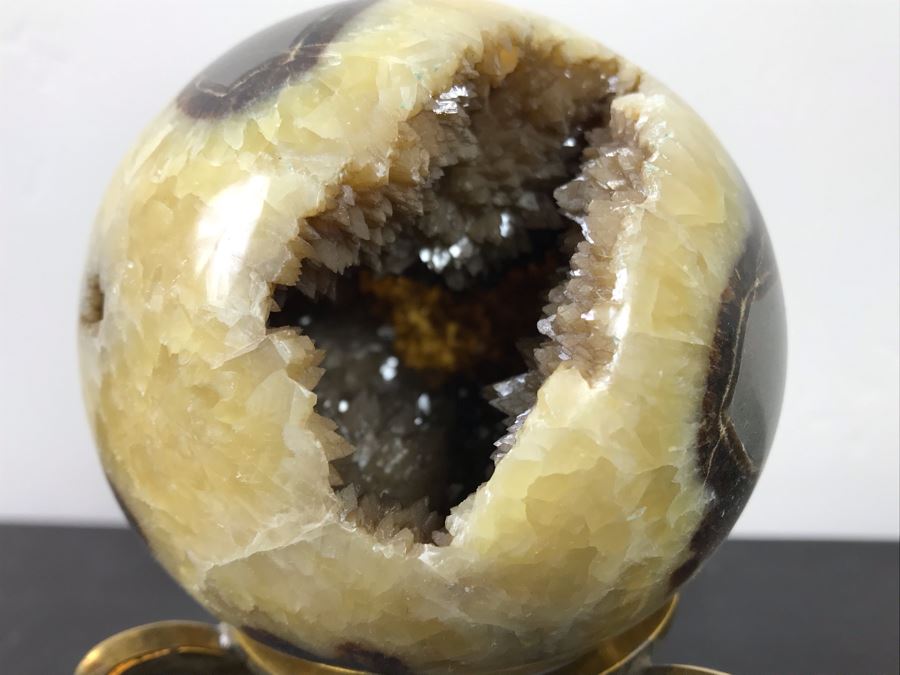 Polished Septarian Nodule Displaying Brown Aragonite Yellow Calcite Crystals Spherical Geode With Brass Display Stone [Photo 5]