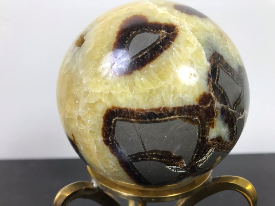 Polished Septarian Nodule Displaying Brown Aragonite Yellow Calcite Crystals Spherical Geode With Brass Display Stone [Photo 14]