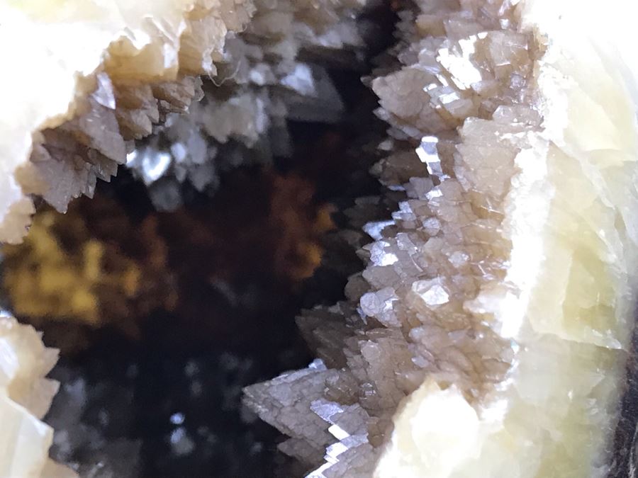 Polished Septarian Nodule Displaying Brown Aragonite Yellow Calcite Crystals Spherical Geode With Brass Display Stone [Photo 7]