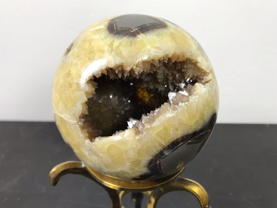 Polished Septarian Nodule Displaying Brown Aragonite Yellow Calcite Crystals Spherical Geode With Brass Display Stone [Photo 2]