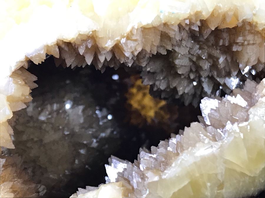 Polished Septarian Nodule Displaying Brown Aragonite Yellow Calcite Crystals Spherical Geode With Brass Display Stone [Photo 8]