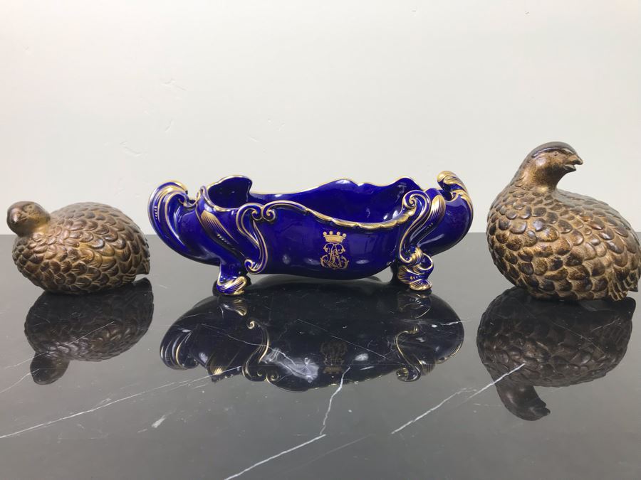 Herbiniere Of Tours Hand Painted Cobalt Blue And Gold Bowl And Pair Of Toyo Quail Figurines  [Photo 1]
