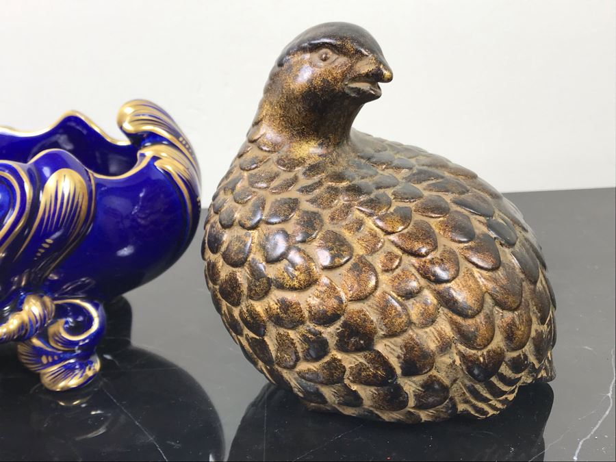 Herbiniere Of Tours Hand Painted Cobalt Blue And Gold Bowl And Pair Of Toyo Quail Figurines  [Photo 6]
