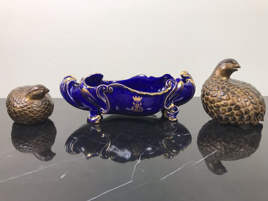 Herbiniere Of Tours Hand Painted Cobalt Blue And Gold Bowl And Pair Of Toyo Quail Figurines  [Photo 2]