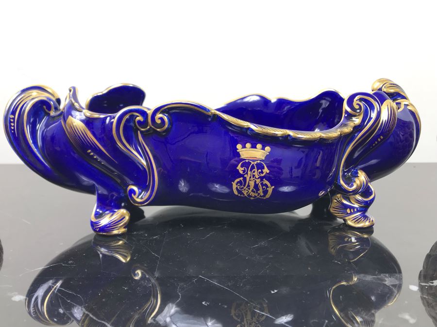 Herbiniere Of Tours Hand Painted Cobalt Blue And Gold Bowl And Pair Of Toyo Quail Figurines  [Photo 3]