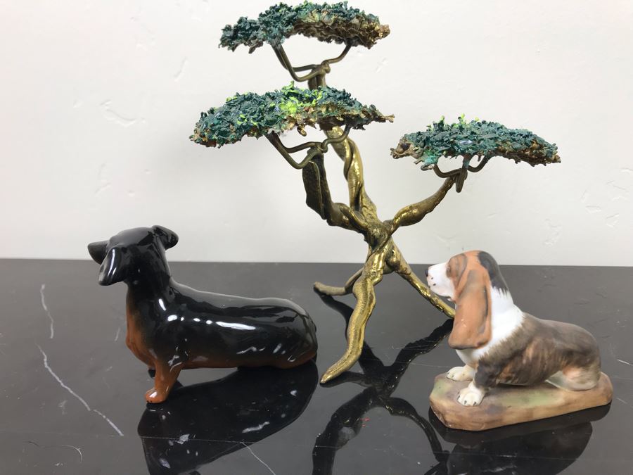 Beswick England Dachsund Dog Figurine, Hand Painted Basset Hound Figurine And Gold Tone Tree Sculpture [Photo 4]