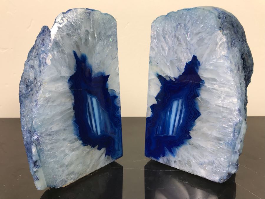 Pair Of Polished Geode Crystal Agate Blue Stones Bookends 5.5'H