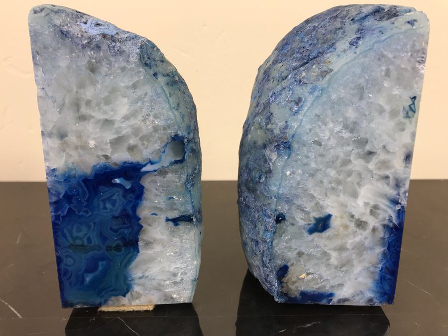 Pair Of Polished Geode Crystal Agate Blue Stones Bookends 5.5'H [Photo 6]