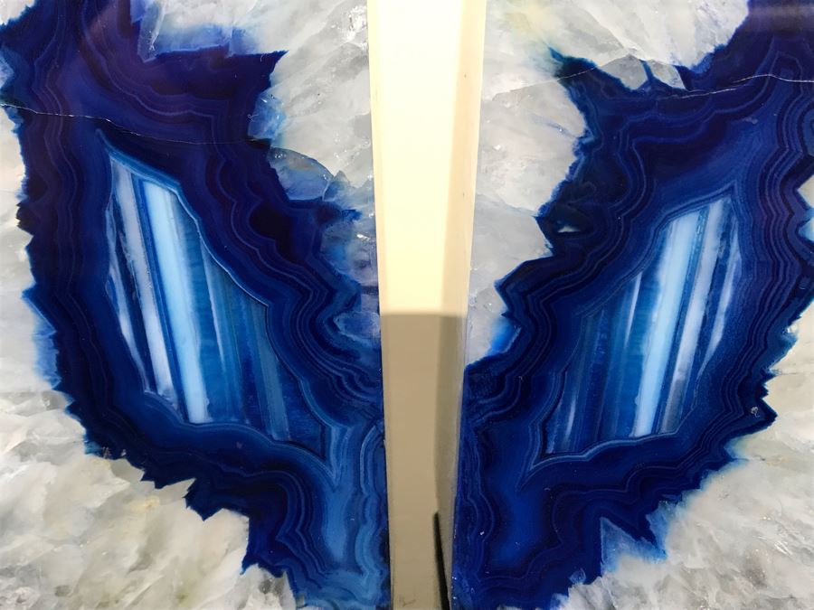Pair Of Polished Geode Crystal Agate Blue Stones Bookends 5.5'H [Photo 11]