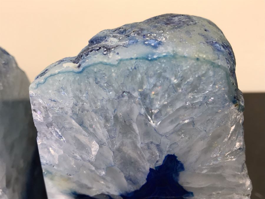Pair Of Polished Geode Crystal Agate Blue Stones Bookends 5.5'H [Photo 12]