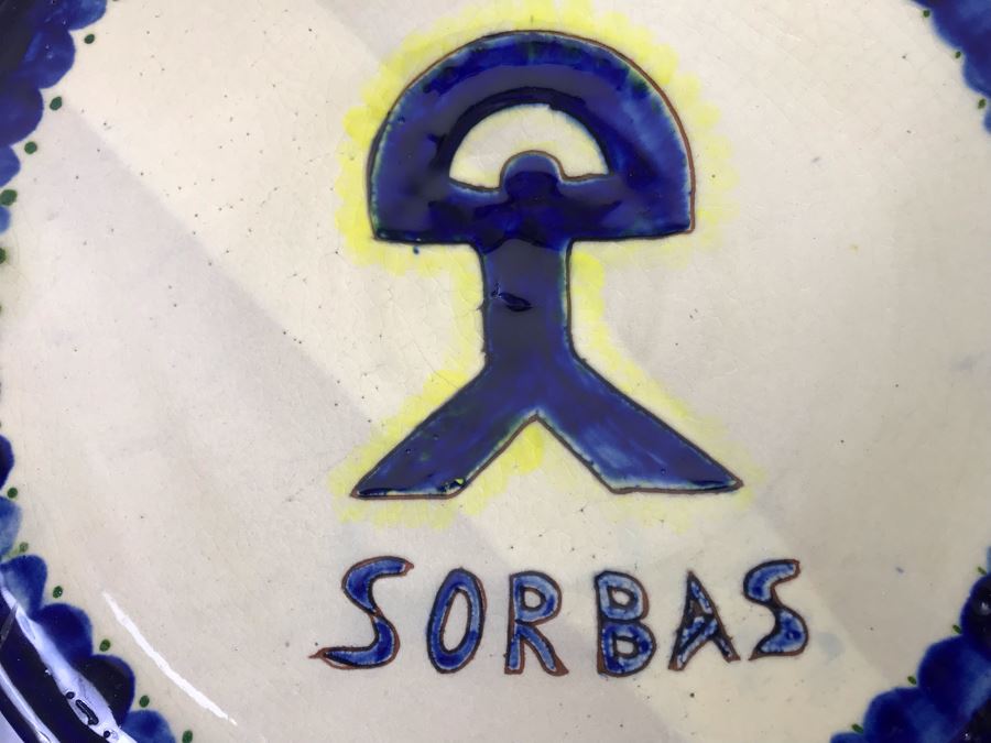Glazed Ceramic Plate Signed SORBAS With Wire For Wall Display 12.5'R [Photo 2]