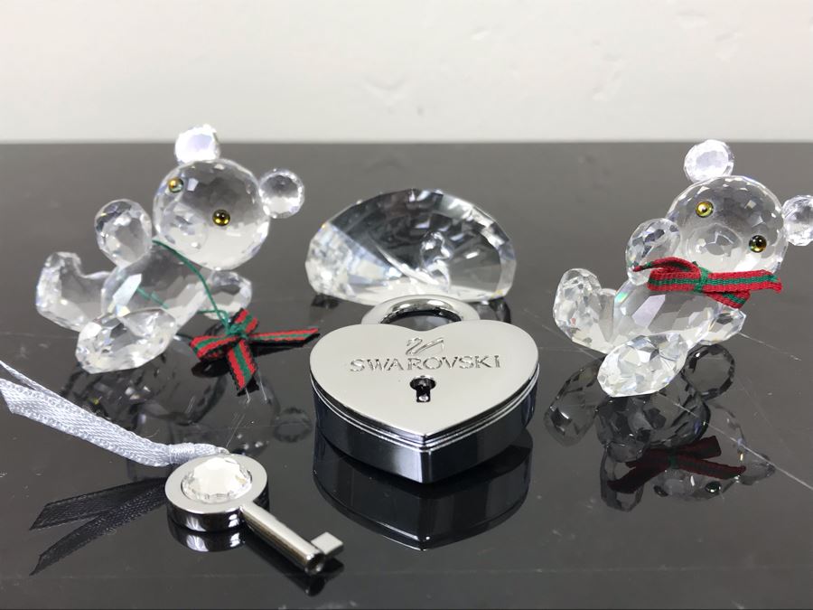 Swarovski Crystal Lot Includes Metal Lock With Crystal Key, (2) Swarovski Crystal Bears And Swarovski Crystal Swan