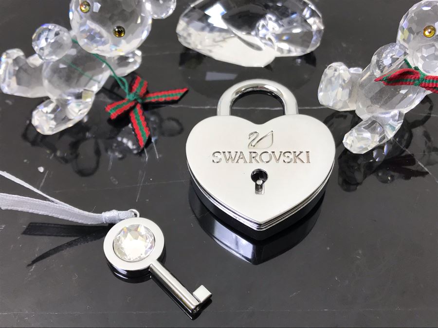 Swarovski Crystal Lot Includes Metal Lock With Crystal Key, (2) Swarovski Crystal Bears And Swarovski Crystal Swan [Photo 5]