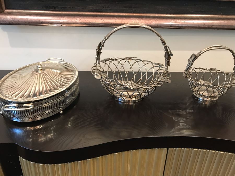 Pair Of Godinger Silverplate Grape Motif Wire Baskets And Silverplate Casserole Dish Holder