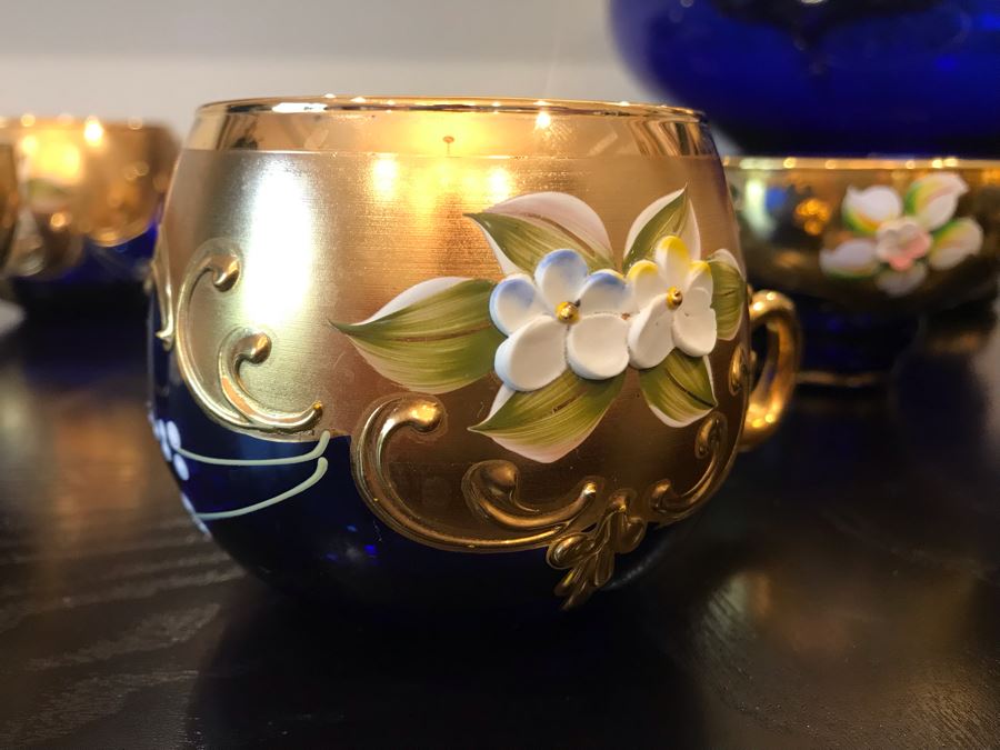 Stunning Vintage Mazzega Murano Cobalt Blue And Gold Hand Crafted Punch Bowl With Extra Lid, 8 Punch Bowl Cups, 6 Coffee Cups With Original Murano Stickers, Vase, Sugar Bowl, With Certificate Of Authenticity [Photo 14]