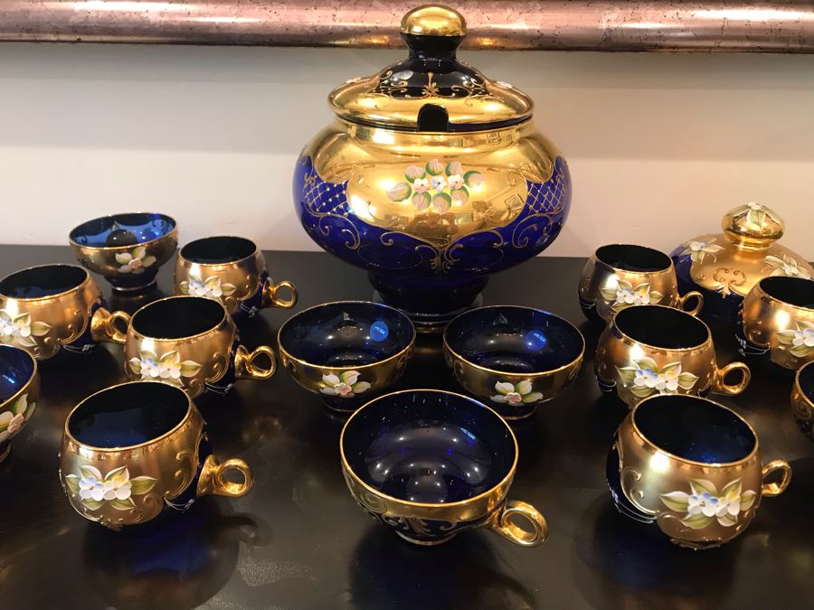 Stunning Vintage Mazzega Murano Cobalt Blue And Gold Hand Crafted Punch Bowl With Extra Lid, 8 Punch Bowl Cups, 6 Coffee Cups With Original Murano Stickers, Vase, Sugar Bowl, With Certificate Of Authenticity [Photo 8]