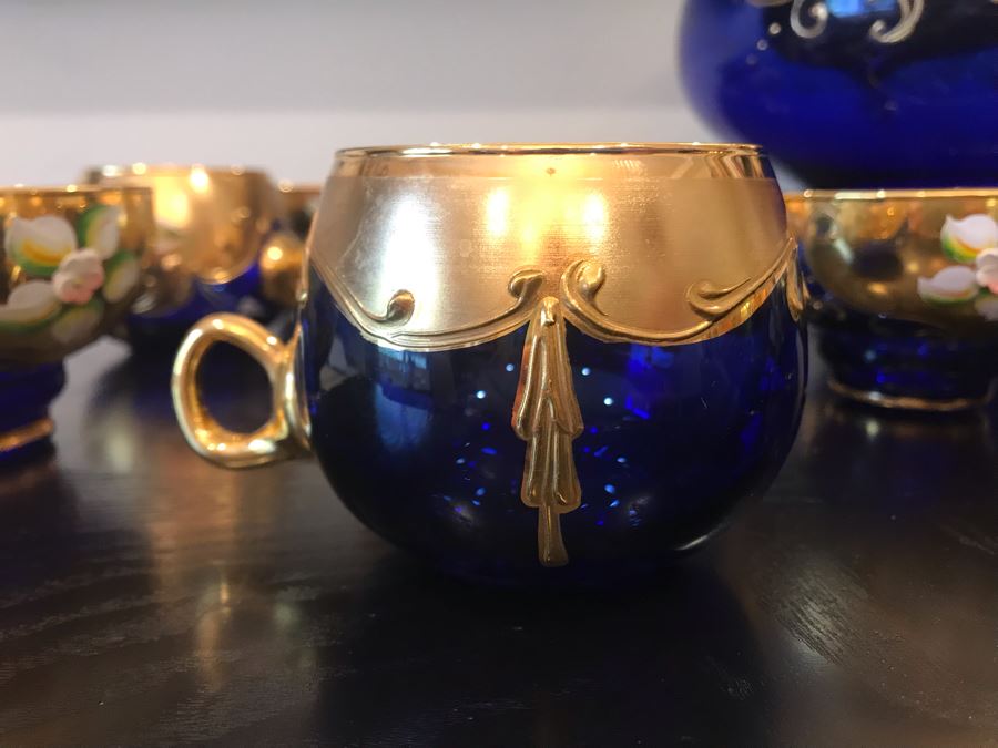 Stunning Vintage Mazzega Murano Cobalt Blue And Gold Hand Crafted Punch Bowl With Extra Lid, 8 Punch Bowl Cups, 6 Coffee Cups With Original Murano Stickers, Vase, Sugar Bowl, With Certificate Of Authenticity [Photo 12]