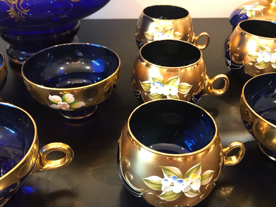 Stunning Vintage Mazzega Murano Cobalt Blue And Gold Hand Crafted Punch Bowl With Extra Lid, 8 Punch Bowl Cups, 6 Coffee Cups With Original Murano Stickers, Vase, Sugar Bowl, With Certificate Of Authenticity [Photo 33]