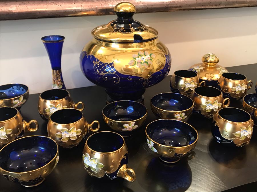 Stunning Vintage Mazzega Murano Cobalt Blue And Gold Hand Crafted Punch Bowl With Extra Lid, 8 Punch Bowl Cups, 6 Coffee Cups With Original Murano Stickers, Vase, Sugar Bowl, With Certificate Of Authenticity [Photo 22]