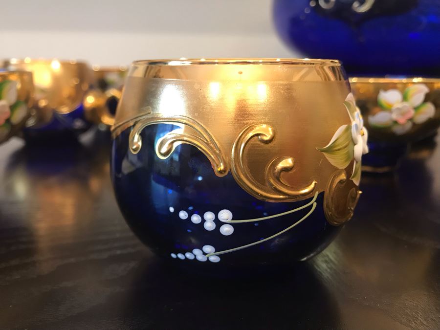 Stunning Vintage Mazzega Murano Cobalt Blue And Gold Hand Crafted Punch Bowl With Extra Lid, 8 Punch Bowl Cups, 6 Coffee Cups With Original Murano Stickers, Vase, Sugar Bowl, With Certificate Of Authenticity [Photo 13]