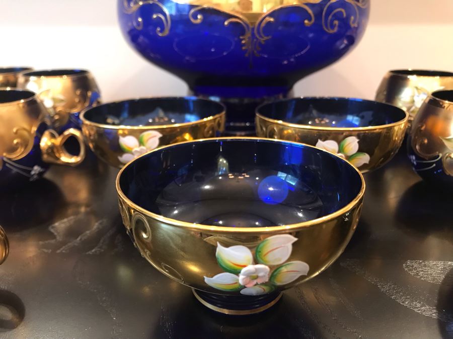 Stunning Vintage Mazzega Murano Cobalt Blue And Gold Hand Crafted Punch Bowl With Extra Lid, 8 Punch Bowl Cups, 6 Coffee Cups With Original Murano Stickers, Vase, Sugar Bowl, With Certificate Of Authenticity [Photo 7]