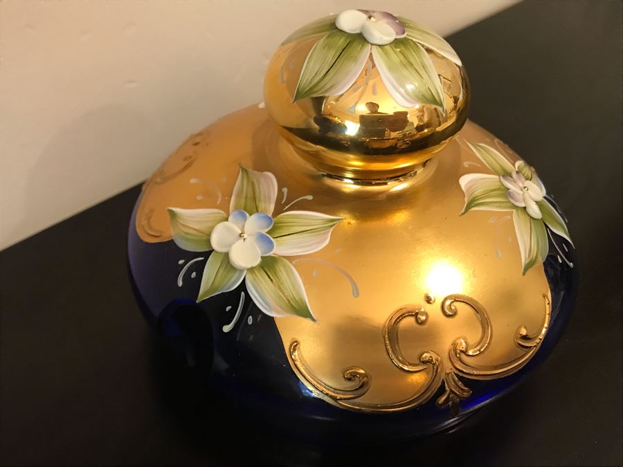 Stunning Vintage Mazzega Murano Cobalt Blue And Gold Hand Crafted Punch Bowl With Extra Lid, 8 Punch Bowl Cups, 6 Coffee Cups With Original Murano Stickers, Vase, Sugar Bowl, With Certificate Of Authenticity [Photo 29]