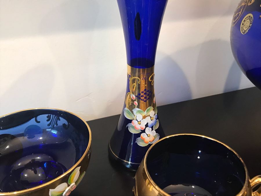 Stunning Vintage Mazzega Murano Cobalt Blue And Gold Hand Crafted Punch Bowl With Extra Lid, 8 Punch Bowl Cups, 6 Coffee Cups With Original Murano Stickers, Vase, Sugar Bowl, With Certificate Of Authenticity [Photo 23]