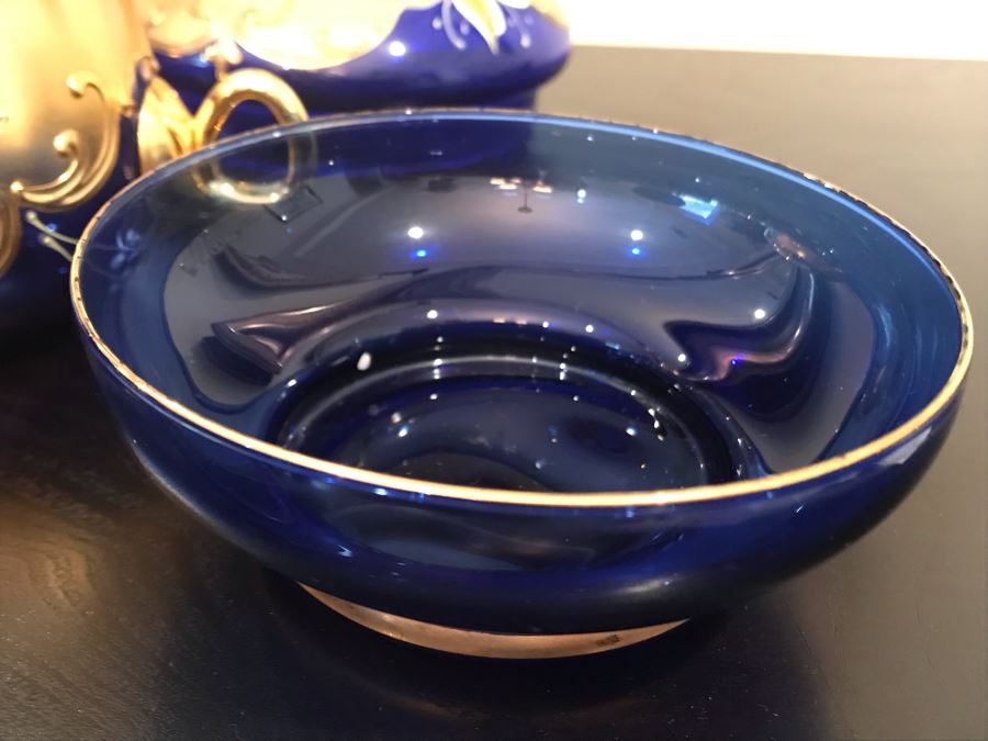 Stunning Vintage Mazzega Murano Cobalt Blue And Gold Hand Crafted Punch Bowl With Extra Lid, 8 Punch Bowl Cups, 6 Coffee Cups With Original Murano Stickers, Vase, Sugar Bowl, With Certificate Of Authenticity [Photo 31]