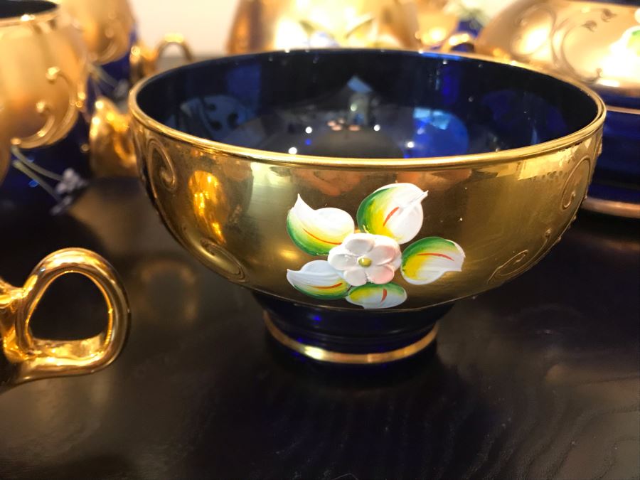 Stunning Vintage Mazzega Murano Cobalt Blue And Gold Hand Crafted Punch Bowl With Extra Lid, 8 Punch Bowl Cups, 6 Coffee Cups With Original Murano Stickers, Vase, Sugar Bowl, With Certificate Of Authenticity [Photo 32]