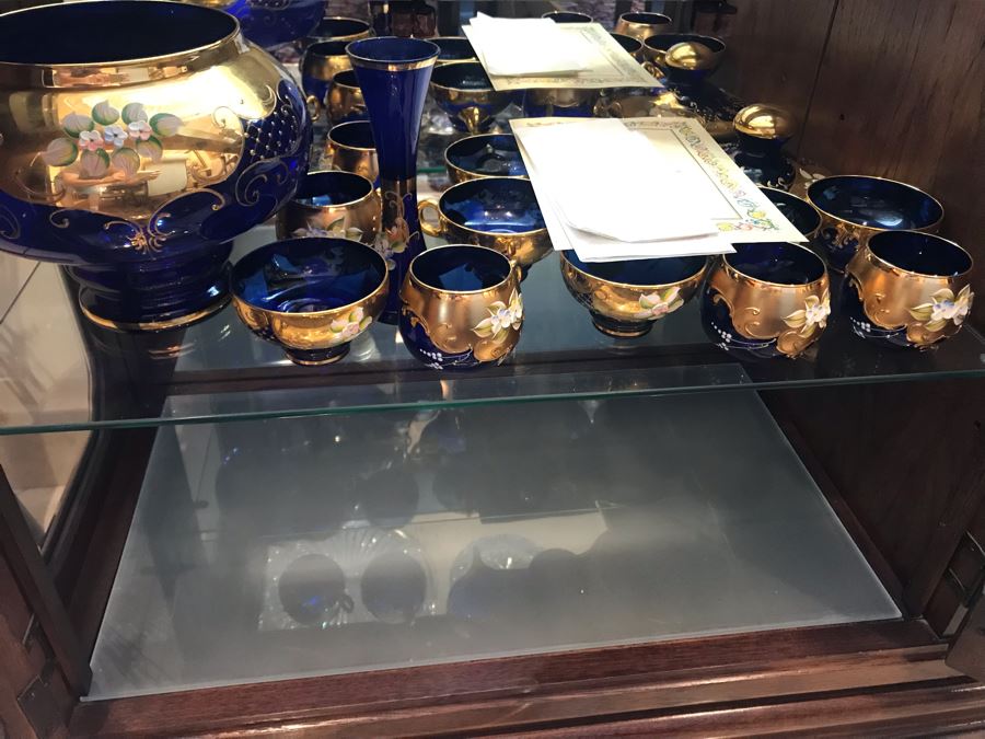 Stunning Vintage Mazzega Murano Cobalt Blue And Gold Hand Crafted Punch Bowl With Extra Lid, 8 Punch Bowl Cups, 6 Coffee Cups With Original Murano Stickers, Vase, Sugar Bowl, With Certificate Of Authenticity [Photo 36]